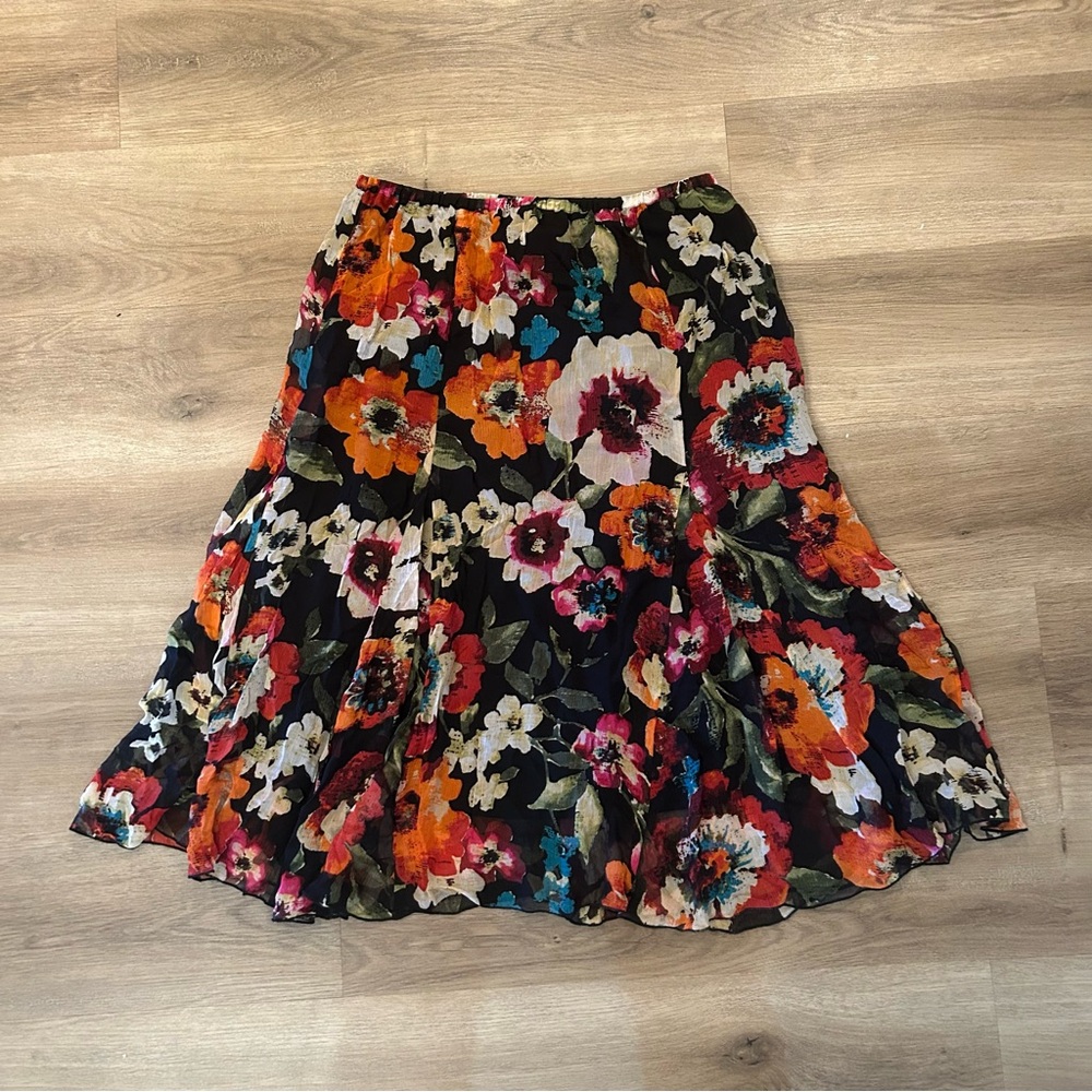 Chicos Silk Floral Midi Skirt